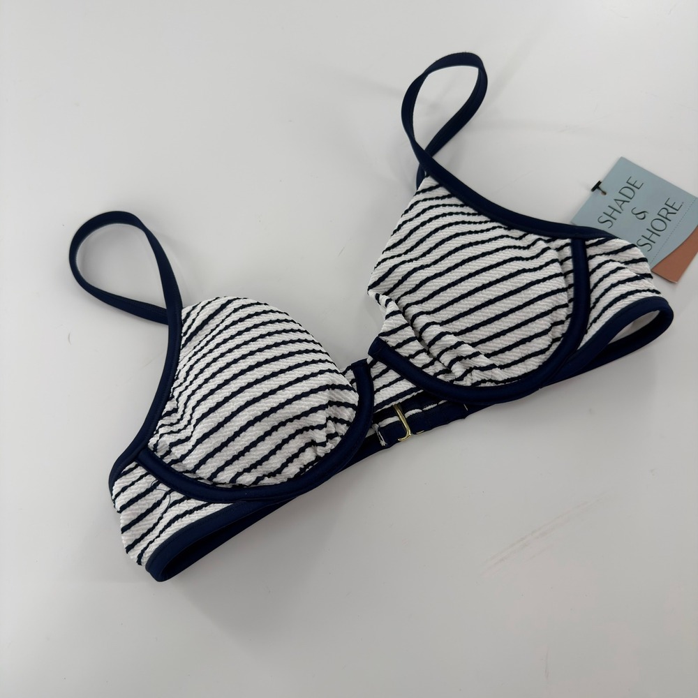 Shade & Shore Bikini Top Underwire Striped Modern Women Size 32B Navy White New
